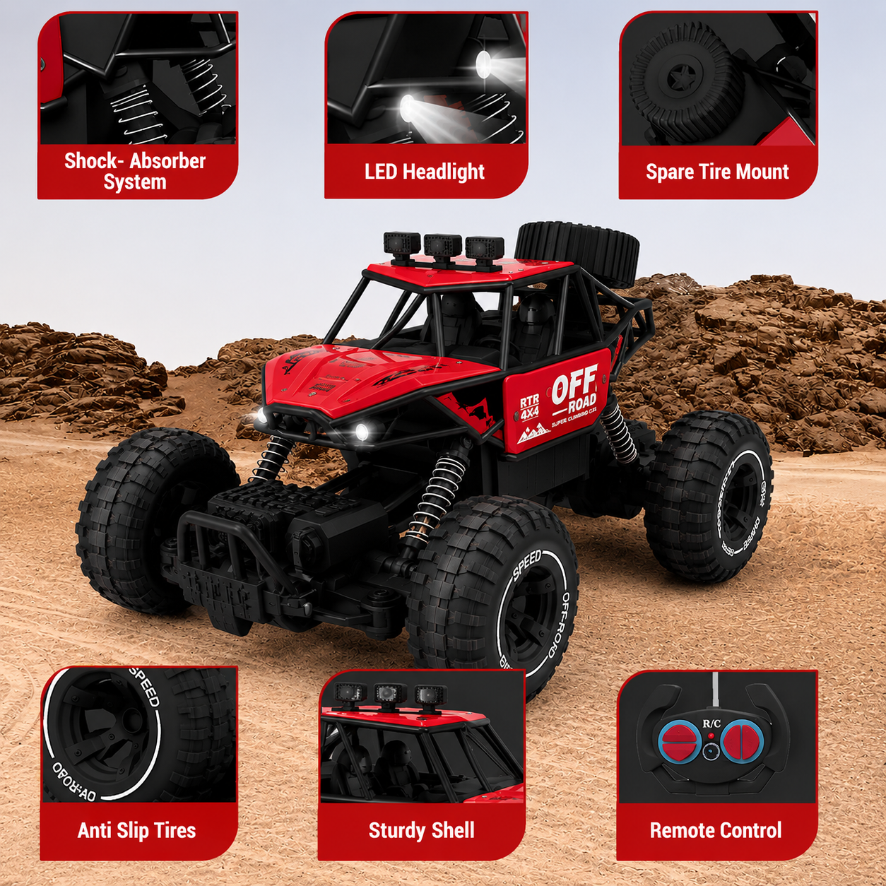 RC Off-Road Rock Crawler | 2.4GHz Remote Control | LED Headlights | 360° Drift | All-Terrain