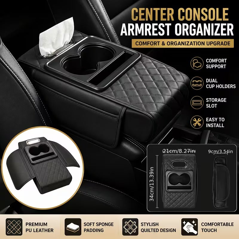 Car Armrest Pad | 5-in-1 Center Console Cover | PU Leather | Cup Holder | Phone Holder | Storage Bag