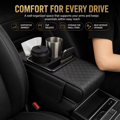 Car Armrest Pad | 5-in-1 Center Console Cover | PU Leather | Cup Holder | Phone Holder | Storage Bag