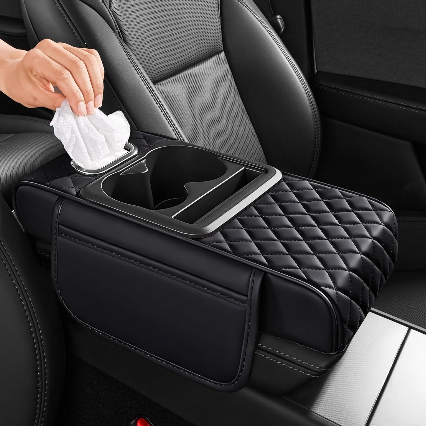 Car Armrest Pad | 5-in-1 Center Console Cover | PU Leather | Cup Holder | Phone Holder | Storage Bag