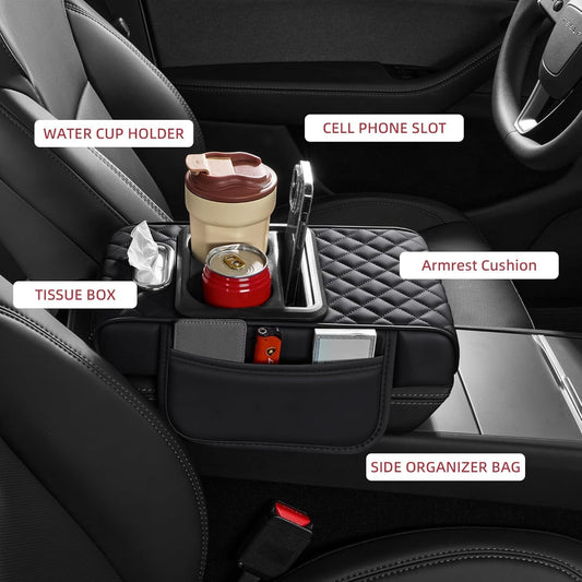 Car Armrest Pad | 5-in-1 Center Console Cover | PU Leather | Cup Holder | Phone Holder | Storage Bag