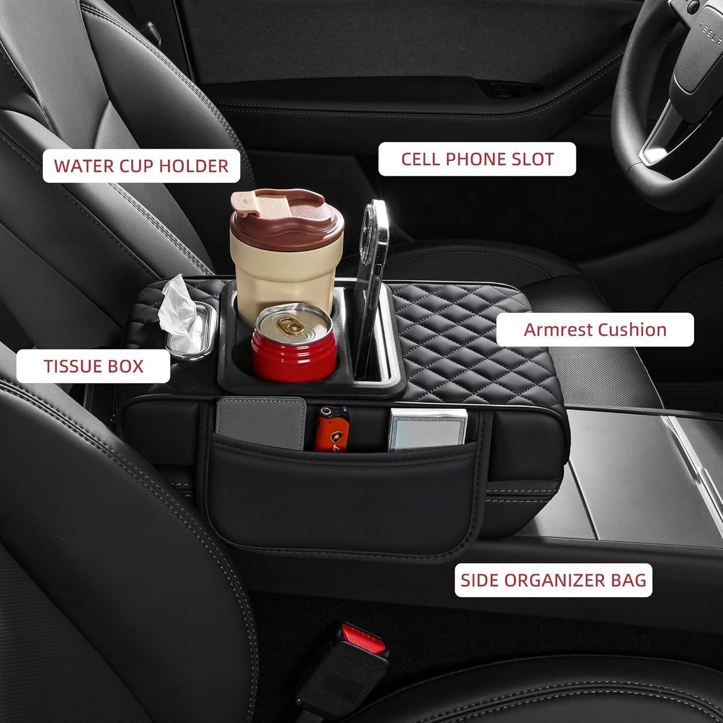 Car Armrest Pad | 5-in-1 Center Console Cover | PU Leather | Cup Holder | Phone Holder | Storage Bag
