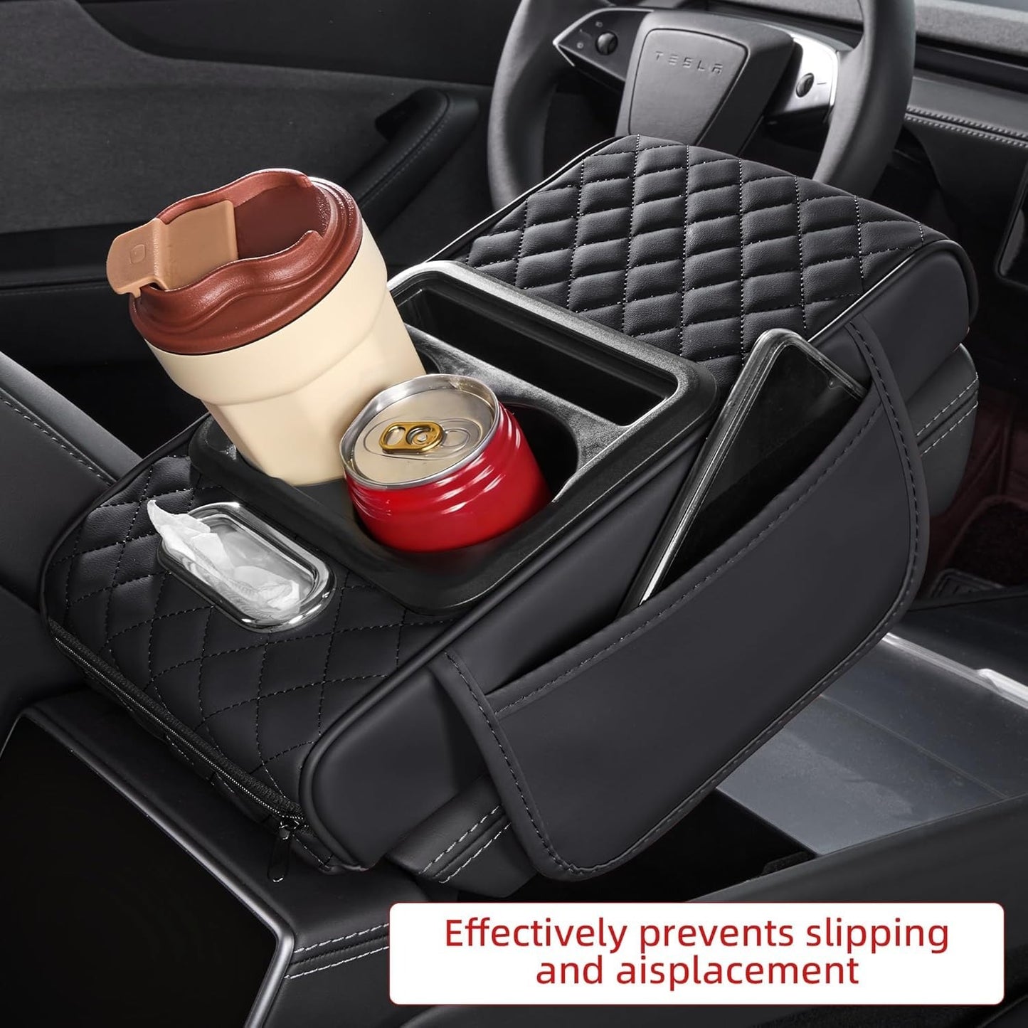Car Armrest Pad | 5-in-1 Center Console Cover | PU Leather | Cup Holder | Phone Holder | Storage Bag