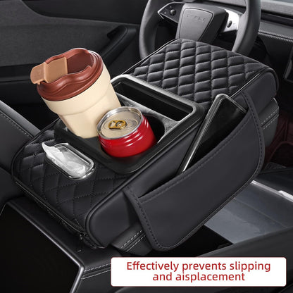 Car Armrest Pad | 5-in-1 Center Console Cover | PU Leather | Cup Holder | Phone Holder | Storage Bag