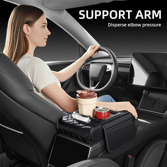 Car Armrest Pad | 5-in-1 Center Console Cover | PU Leather | Cup Holder | Phone Holder | Storage Bag