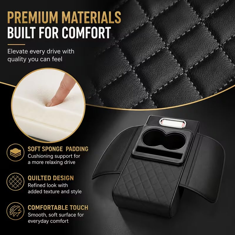 Car Armrest Pad | 5-in-1 Center Console Cover | PU Leather | Cup Holder | Phone Holder | Storage Bag