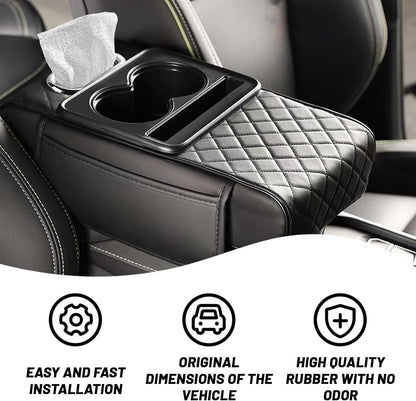 Car Armrest Pad | 5-in-1 Center Console Cover | PU Leather | Cup Holder | Phone Holder | Storage Bag