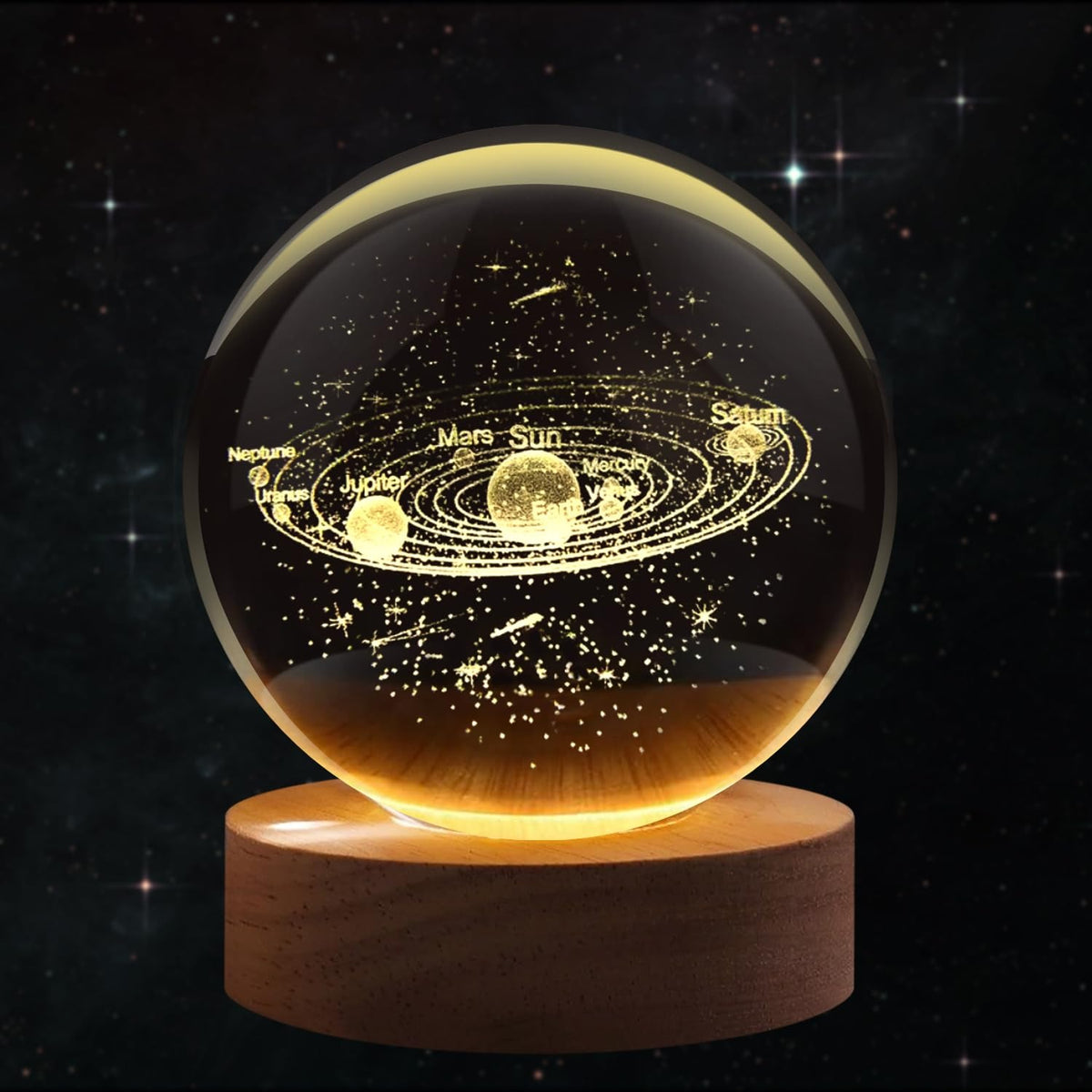 3D Crystal Ball Night Lamp with Wooden LED Base — Mystery Design | Galaxy, Saturn, Moon &amp; More