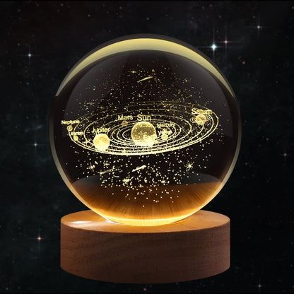 3D Crystal Ball Night Lamp with Wooden LED Base — Mystery Design | Galaxy, Saturn, Moon &amp; More