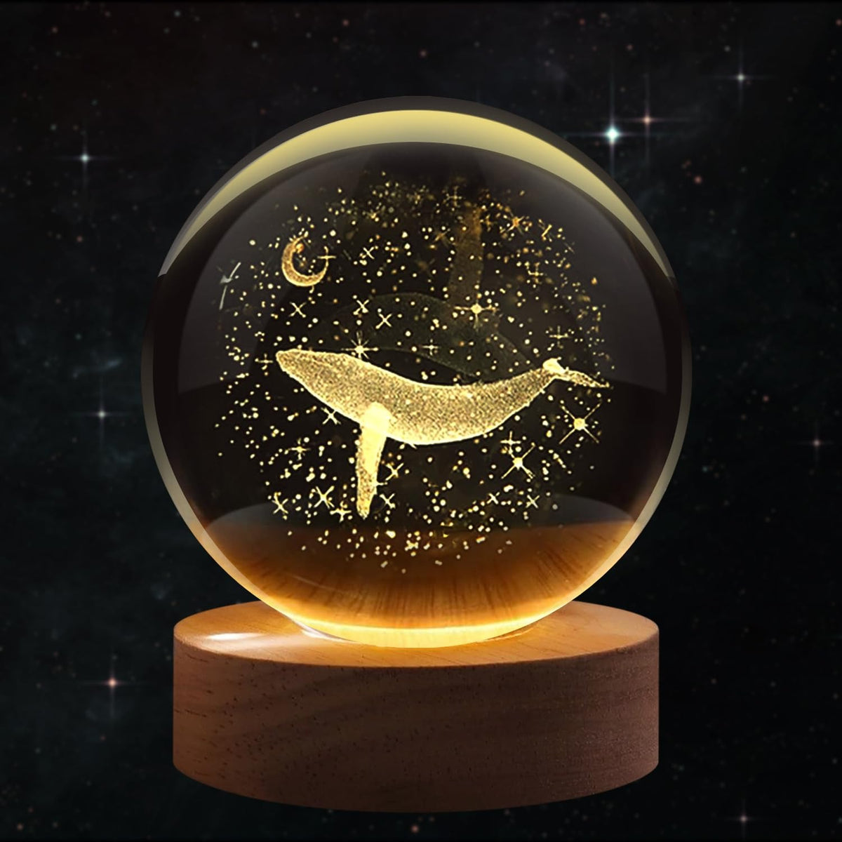 3D Crystal Ball Night Lamp with Wooden LED Base — Mystery Design | Galaxy, Saturn, Moon &amp; More