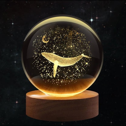 3D Crystal Ball Night Lamp with Wooden LED Base — Mystery Design | Galaxy, Saturn, Moon &amp; More