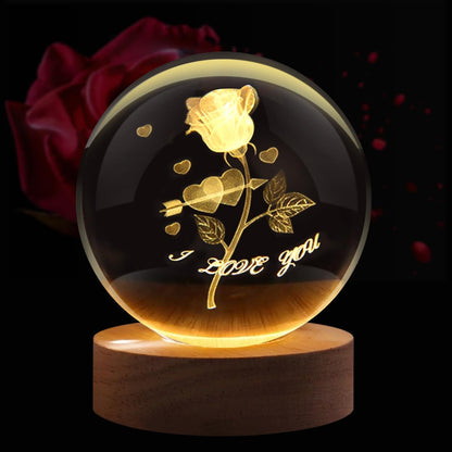 3D Crystal Ball Night Lamp with Wooden LED Base — Mystery Design | Galaxy, Saturn, Moon &amp; More
