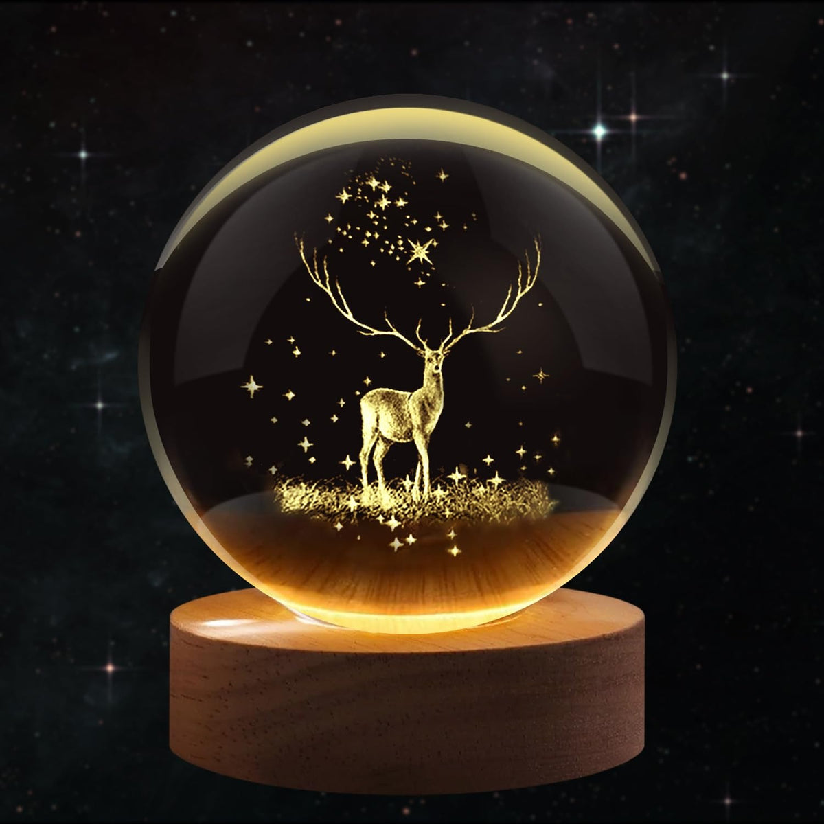 3D Crystal Ball Night Lamp with Wooden LED Base — Mystery Design | Galaxy, Saturn, Moon &amp; More