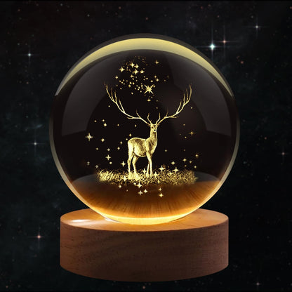 3D Crystal Ball Night Lamp with Wooden LED Base — Mystery Design | Galaxy, Saturn, Moon &amp; More