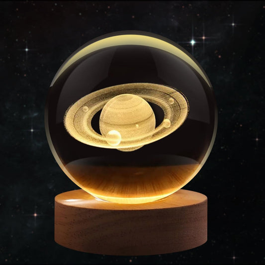 3D Crystal Ball Night Lamp with Wooden LED Base โ Mystery Design | Galaxy, Saturn, Moon & More