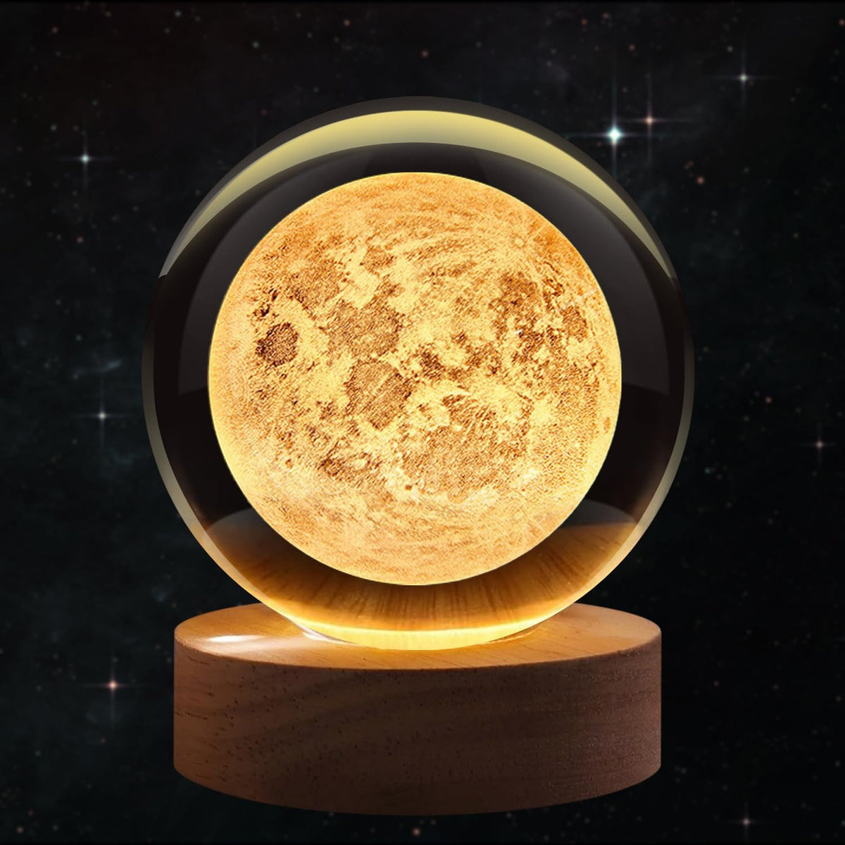 3D Crystal Ball Night Lamp with Wooden LED Base — Mystery Design | Galaxy, Saturn, Moon &amp; More
