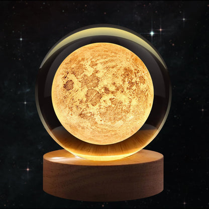 3D Crystal Ball Night Lamp with Wooden LED Base — Mystery Design | Galaxy, Saturn, Moon &amp; More