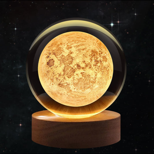 3D Crystal Ball Night Lamp with Wooden LED Base — Mystery Design | Galaxy, Saturn, Moon &amp; More