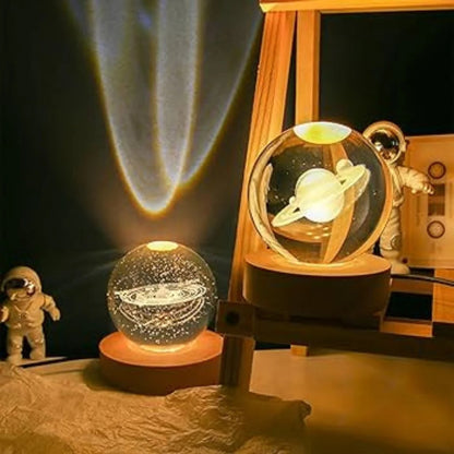 3D Crystal Ball Night Lamp with Wooden LED Base — Mystery Design | Galaxy, Saturn, Moon &amp; More