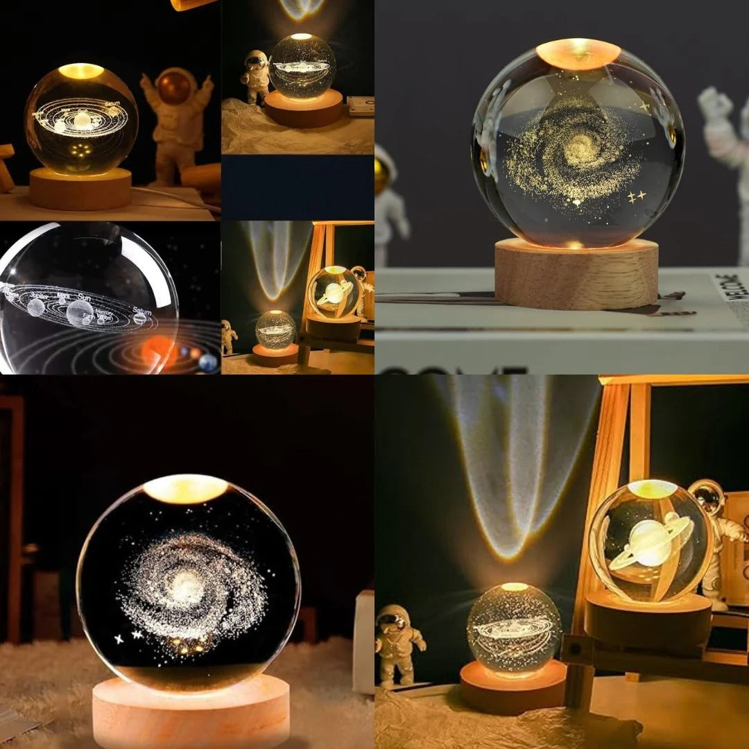 3D Crystal Ball Night Lamp with Wooden LED Base — Mystery Design | Galaxy, Saturn, Moon &amp; More